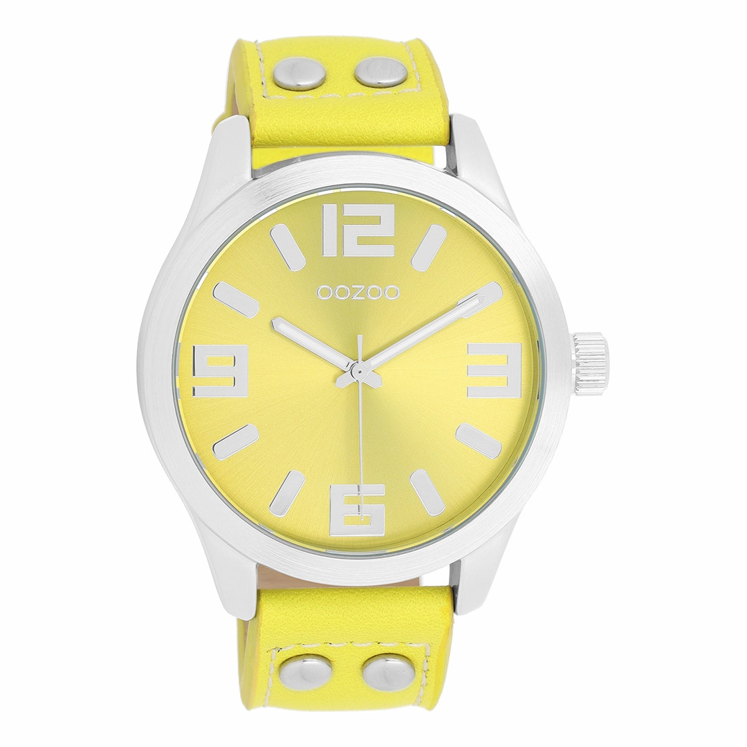 Silver coloured OOZOO watch with fluo yellow leather strap - C1071