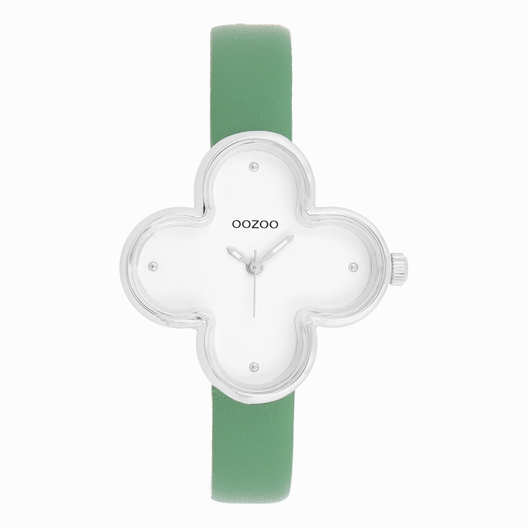 Silver coloured OOZOO watch with green leather strap - C11523