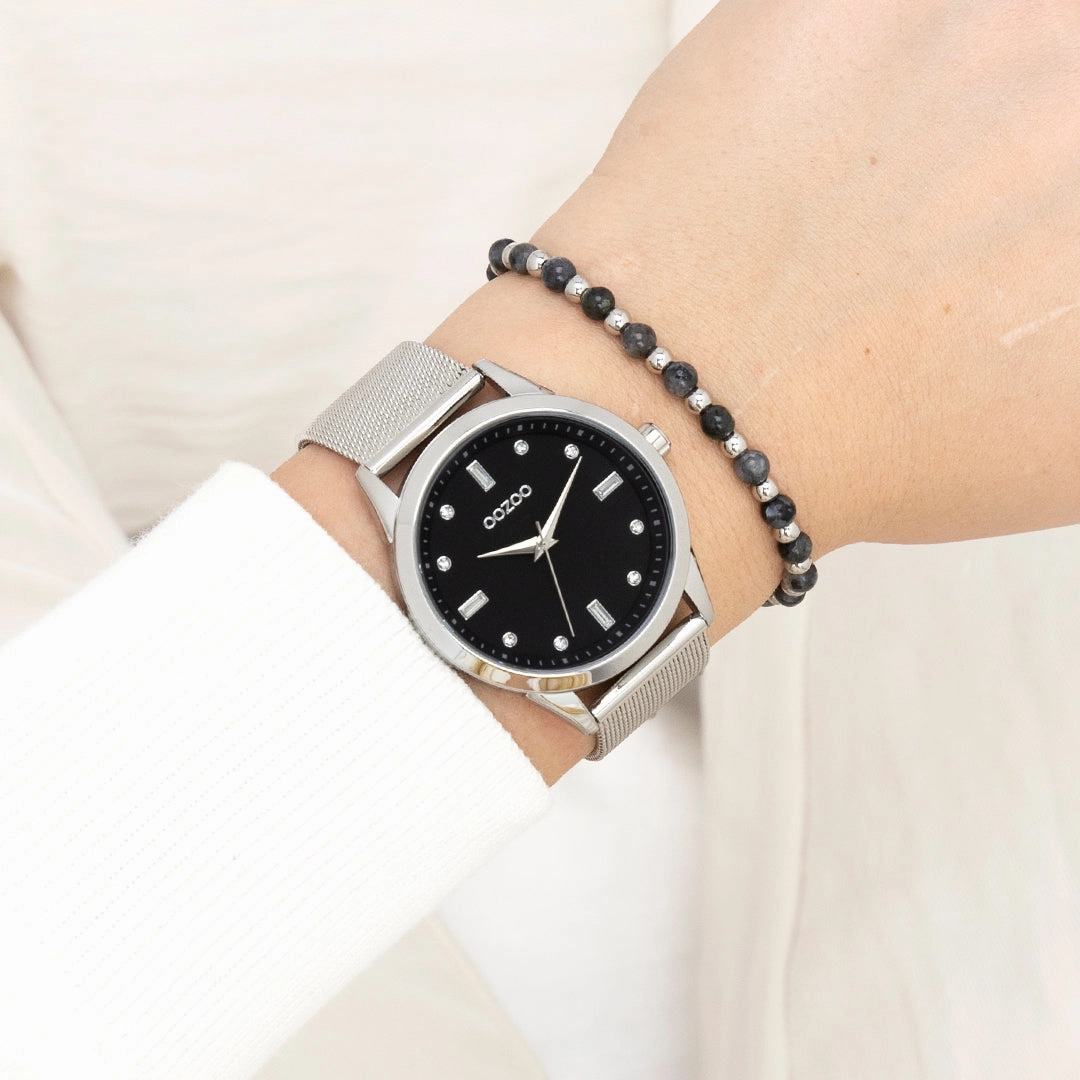 Silver coloured OOZOO watch with metal mesh bracelet - C11356