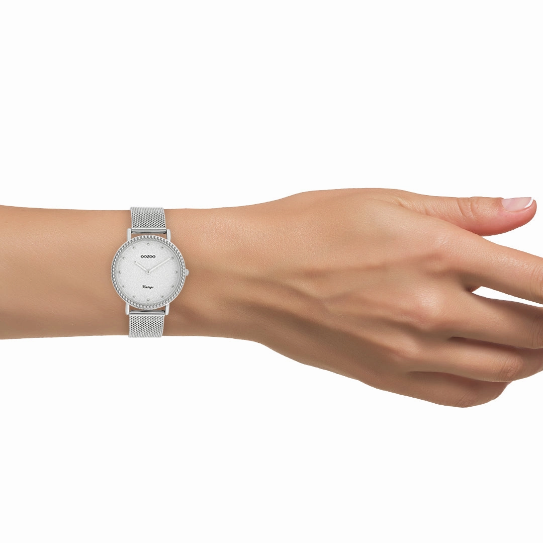 Silver coloured OOZOO watch with metal mesh bracelet - C20051
