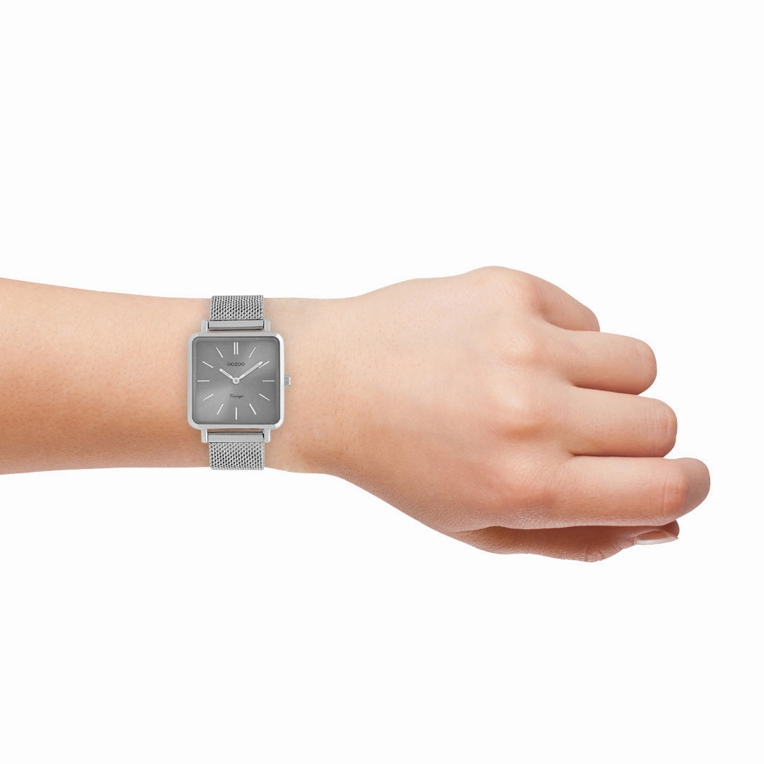 Silver coloured OOZOO watch with metal mesh bracelet - C9842