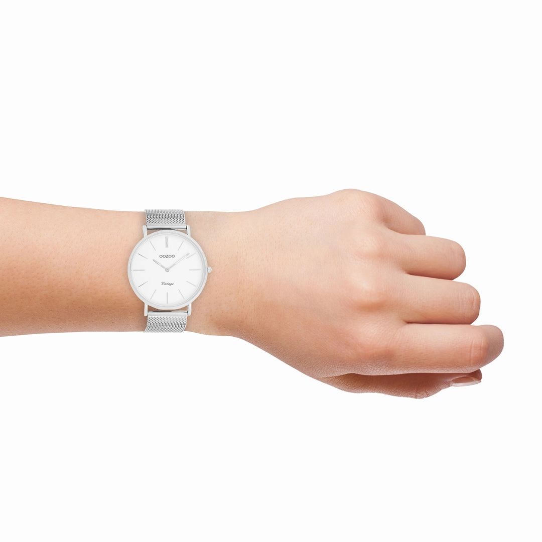 Silver coloured OOZOO watch with metal mesh bracelet - C9901