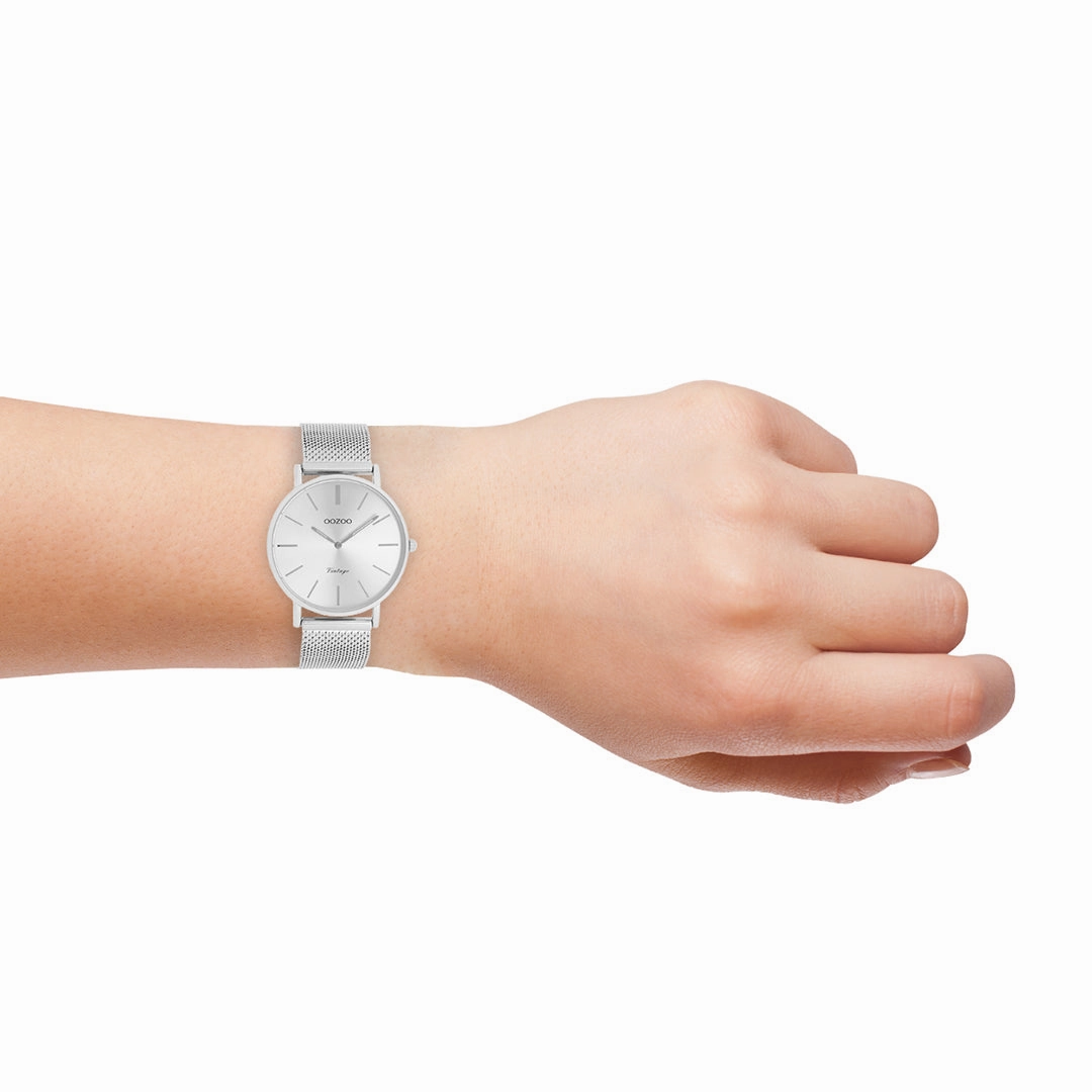 Silver coloured OOZOO watch with metal mesh bracelet - C9907