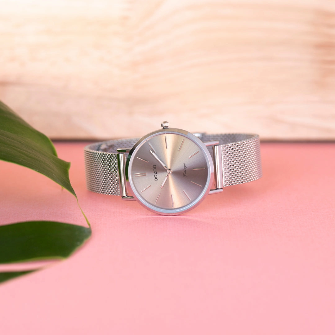 Silver coloured OOZOO watch with metal mesh bracelet - C9907