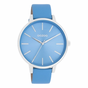 Silver coloured OOZOO watch with mineral blue leather strap - C11296