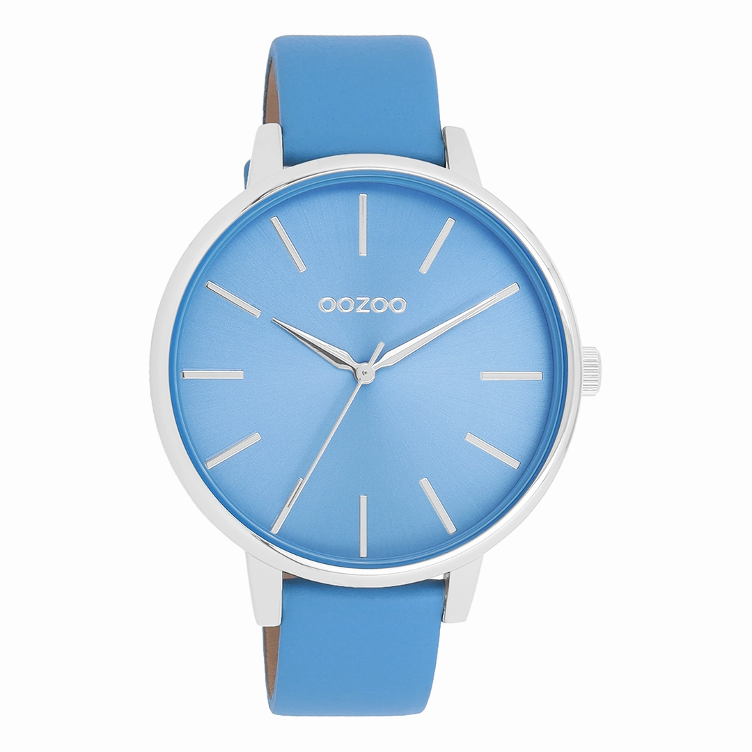 Silver coloured OOZOO watch with mineral blue leather strap - C11296