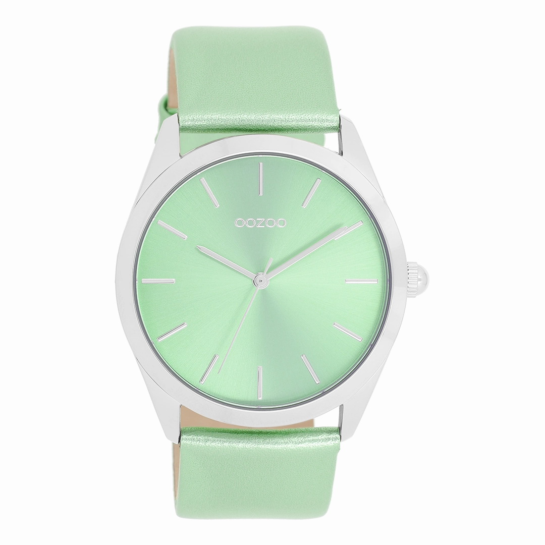 Silver coloured OOZOO watch with mint green leather strap - C11336