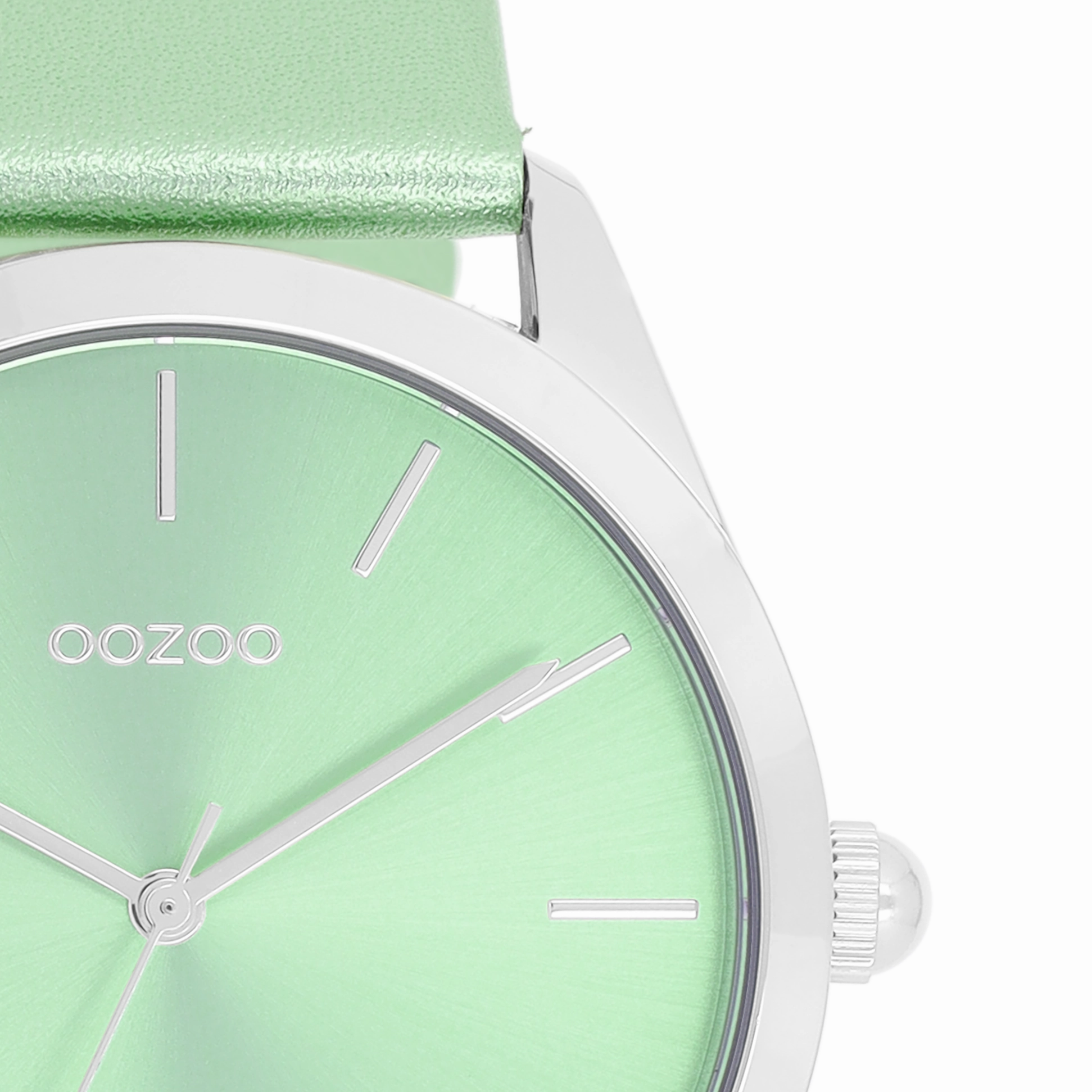 Silver coloured OOZOO watch with mint green leather strap - C11336