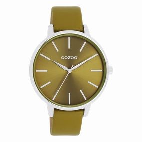 Silver coloured OOZOO watch with olive green leather strap - C11298