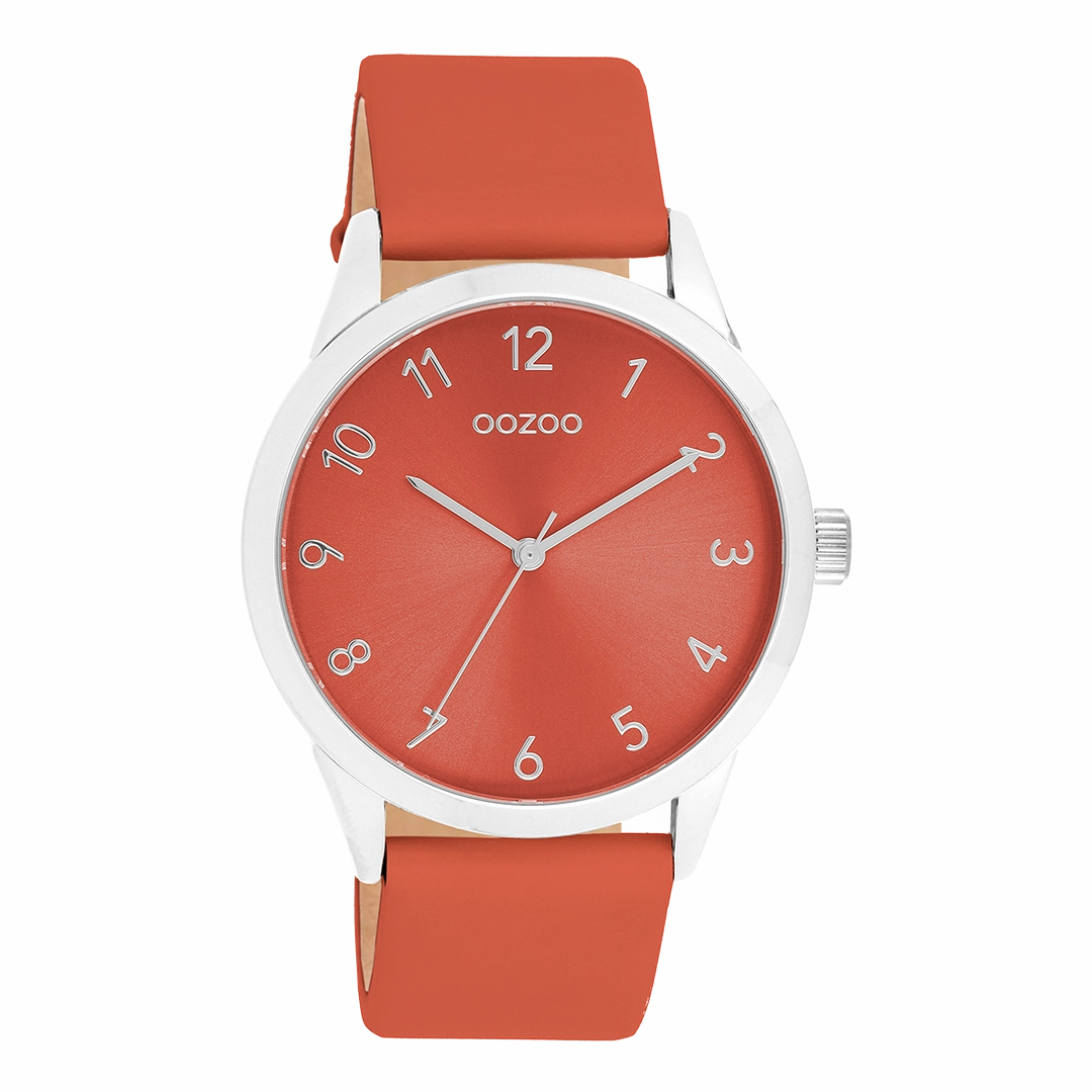 Silver coloured OOZOO watch with red leather strap - C11326