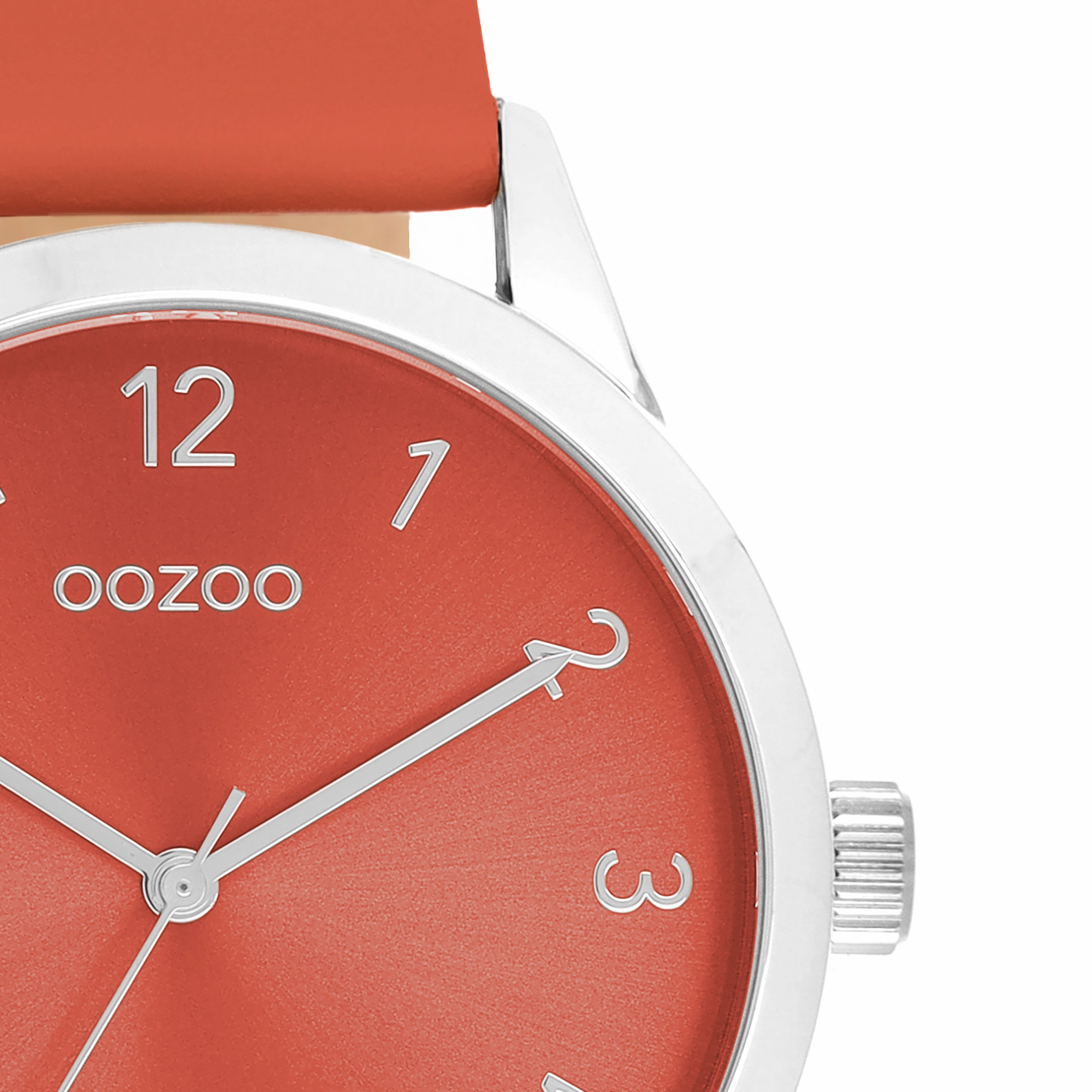 Silver coloured OOZOO watch with red leather strap - C11326