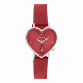 Silver coloured OOZOO watch with red leather strap - C11448