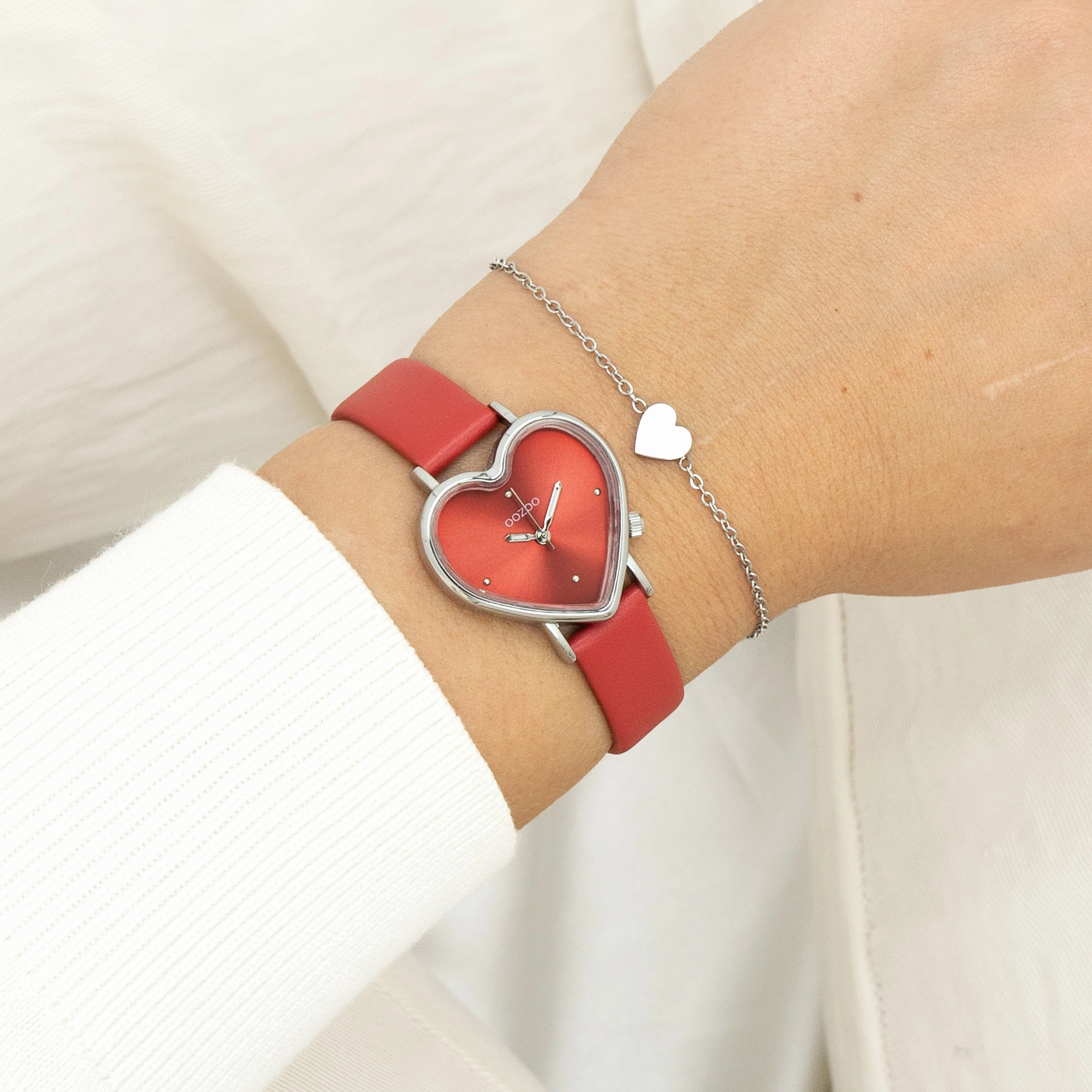 Silver coloured OOZOO watch with red leather strap - C11448