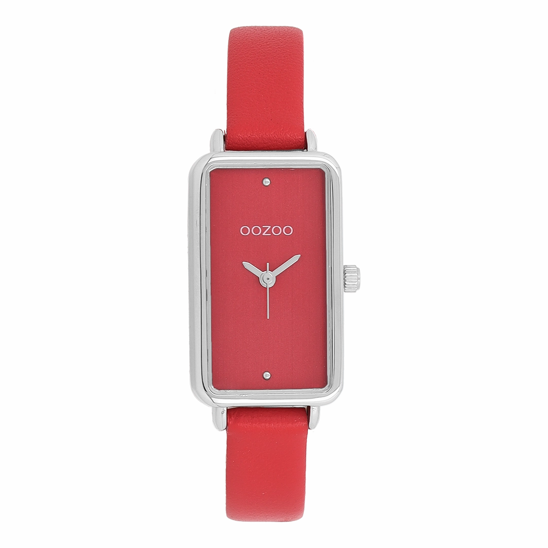 Silver coloured OOZOO watch with red leather strap - C11532