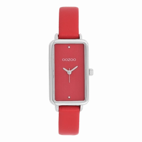 Silver coloured OOZOO watch with red leather strap - C11532