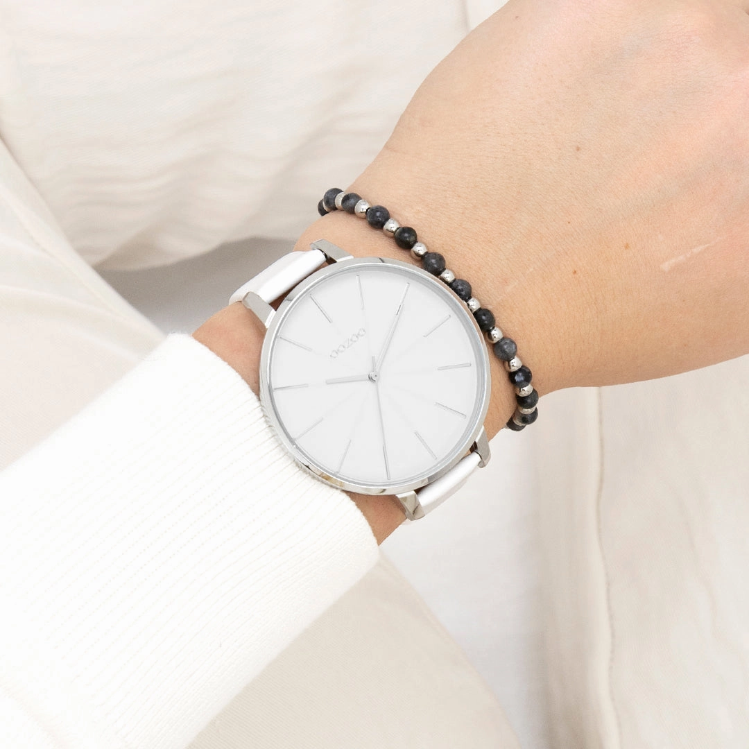 Silver coloured OOZOO watch with white leather strap - C11345