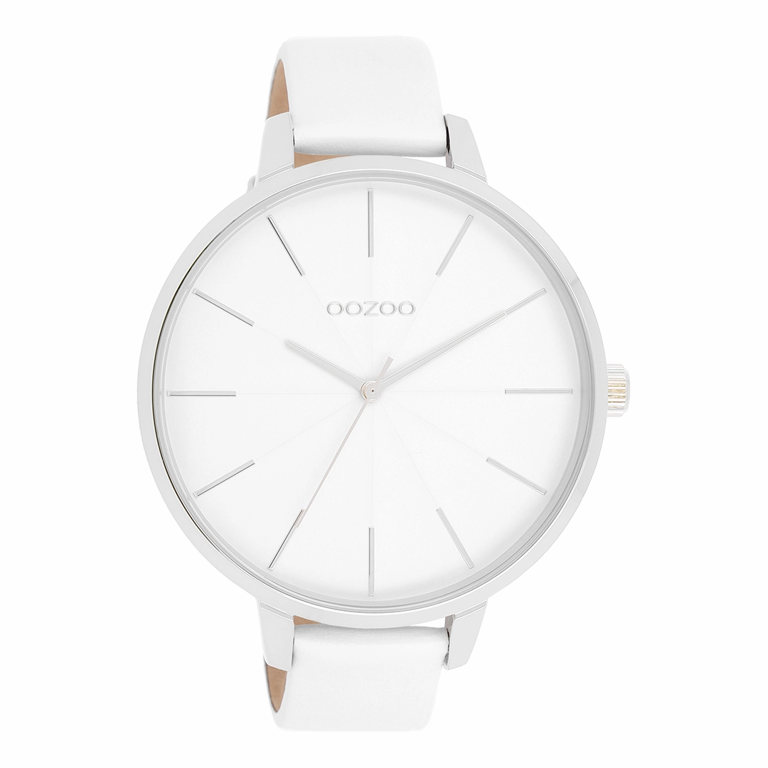Silver coloured OOZOO watch with white leather strap - C11345