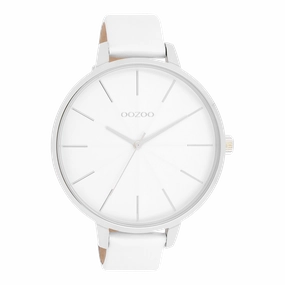 Silver coloured OOZOO watch with white leather strap - C11345