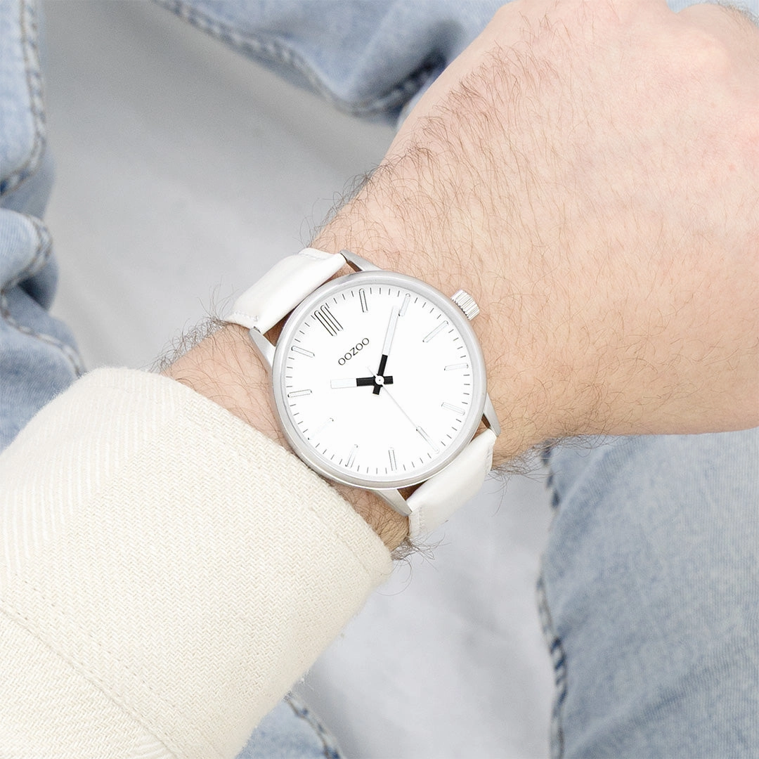 Silver coloured OOZOO watch with white leather strap - C11512