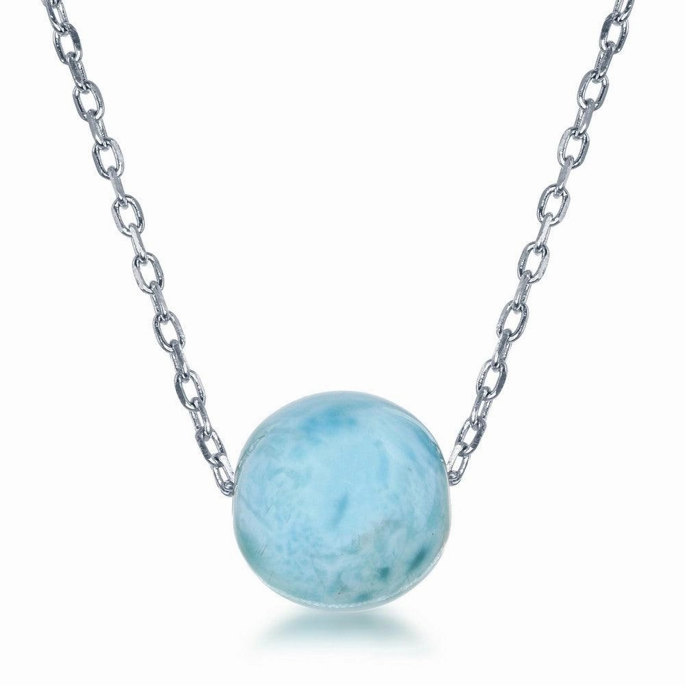 Sterling Silver 8mm Larimar Bead Necklace