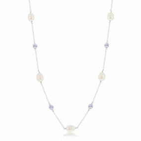Sterling Silver Bezel Set CZ and Pearl Necklace