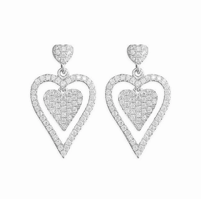 Sterling Silver Cubic Zirconia Double Heart Ladies Drop Earrings