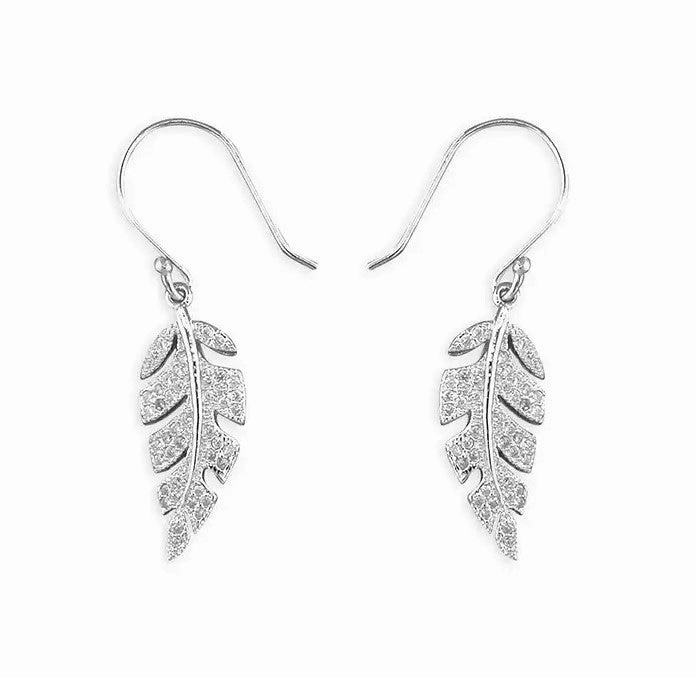 Sterling Silver Cubic Zirconia Leaf Ladies Drop Earrings