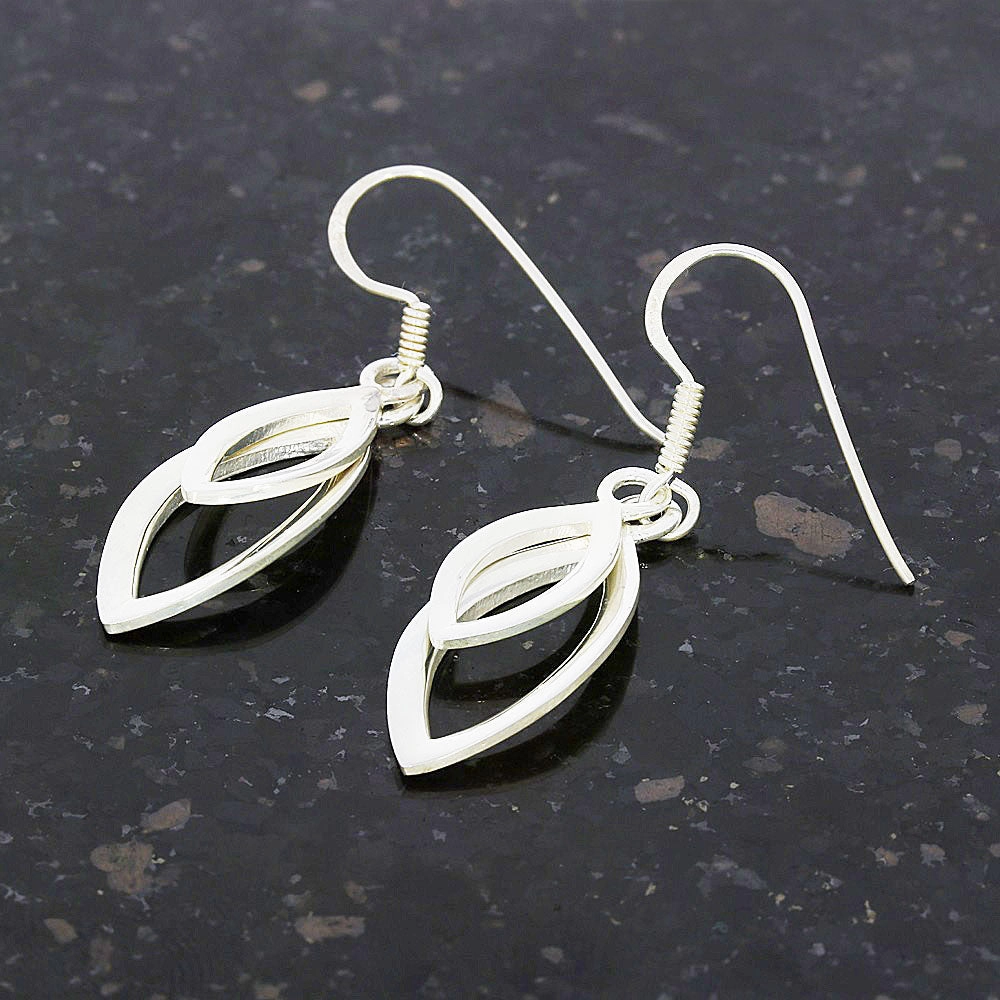 Sterling Silver Double Marquise Design Drop Earrings