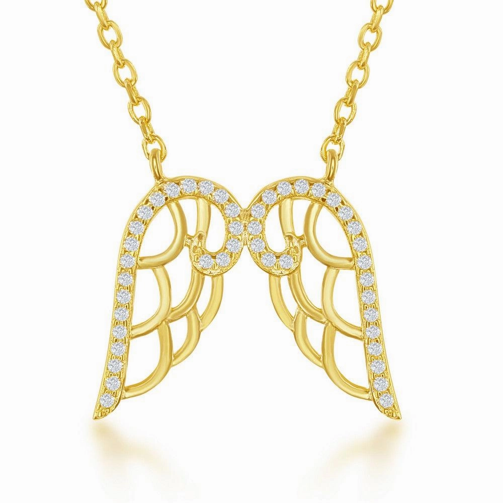 Sterling Silver Gold Plated CZ Angel Wings Necklace
