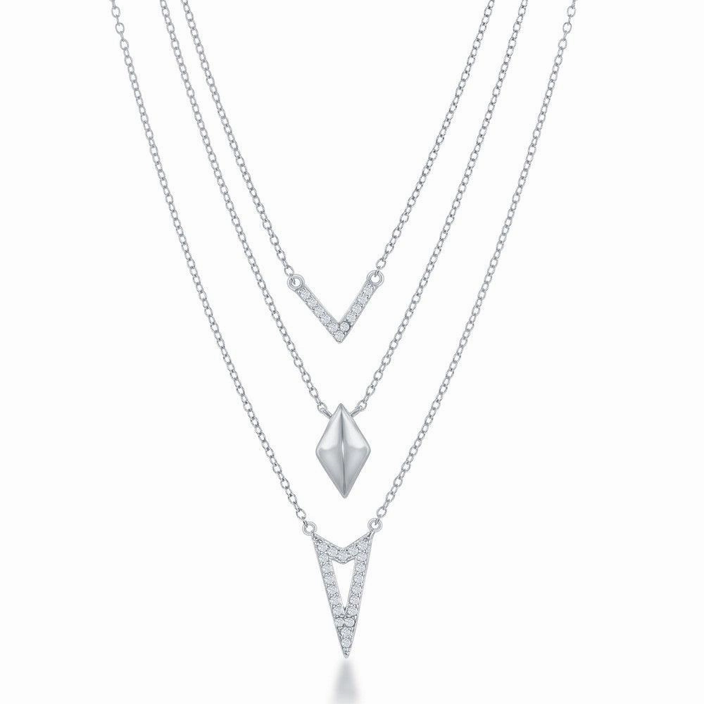 Sterling Silver Graduating Triple Chain with CZ Necklace