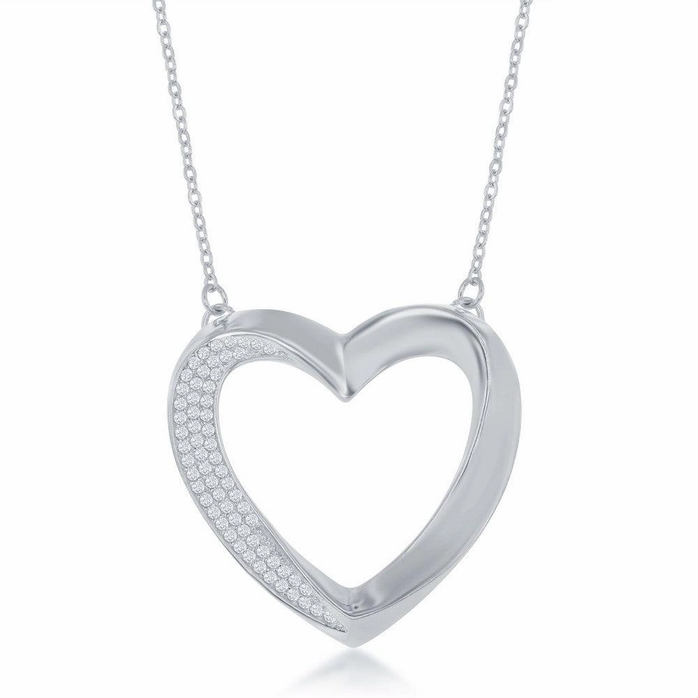 Sterling Silver Half Micro Pave Twisted Open Heart Necklace
