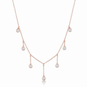 Sterling Silver Rose GP Dangling Bezel-Set CZ's Necklace