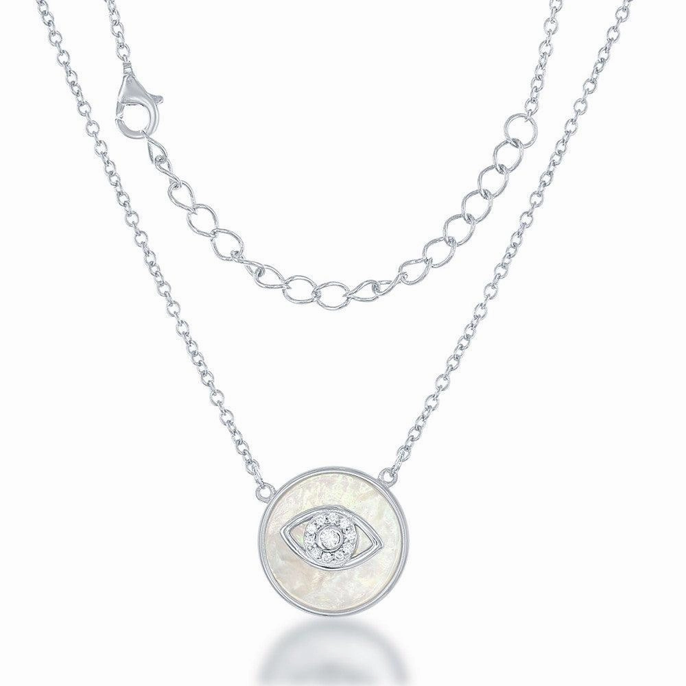 Sterling Silver Round MOP CZ Evil Eye Necklace