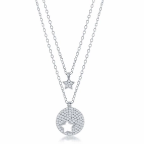 Sterling Silver Round Star Cut-Out & Star Double Strand Necklace