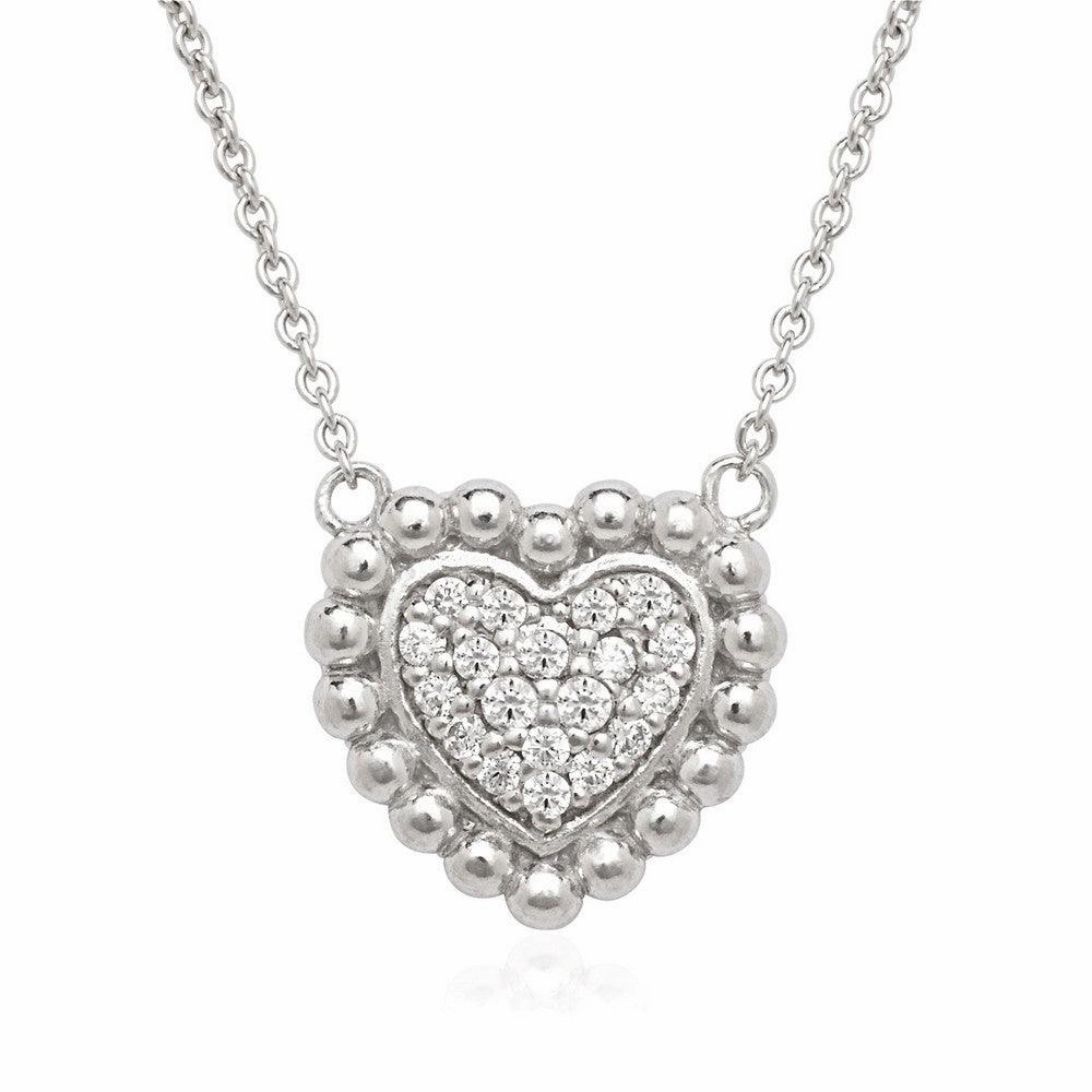 Sterling Silver Small CZ Heart with Beaded Border Necklace