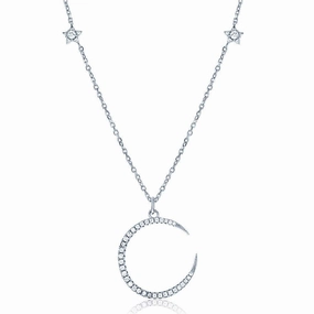 Sterling Silver Thin CZ Crescent with Small CZ Stars Necklace