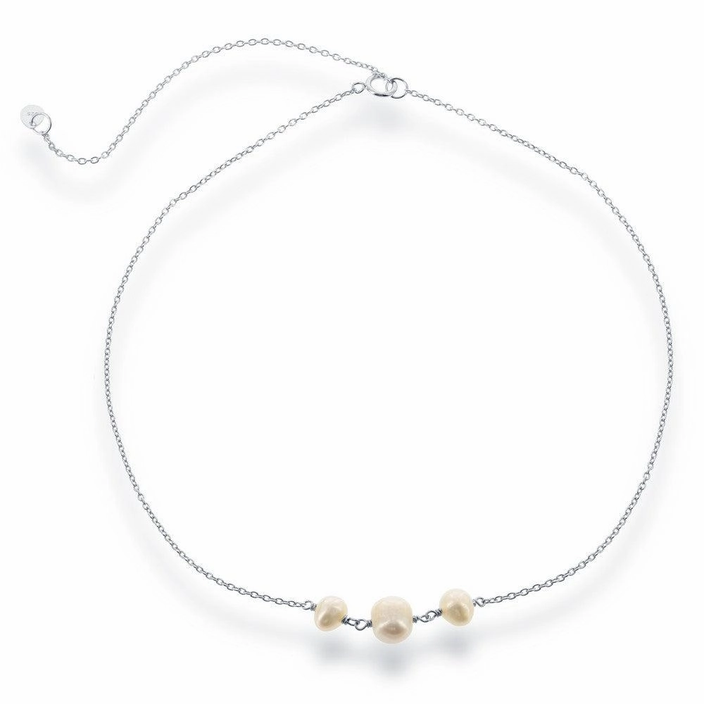 Sterling Silver Three Station Freshwater Pearls Choker Necklace