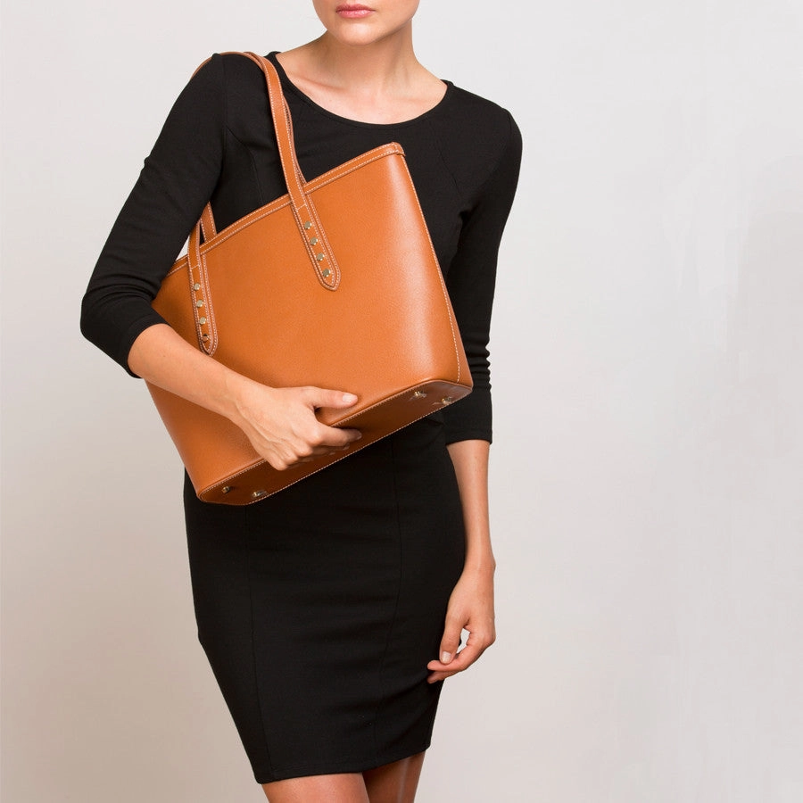 SUSU Brown Leather Shoulder Tote Bag