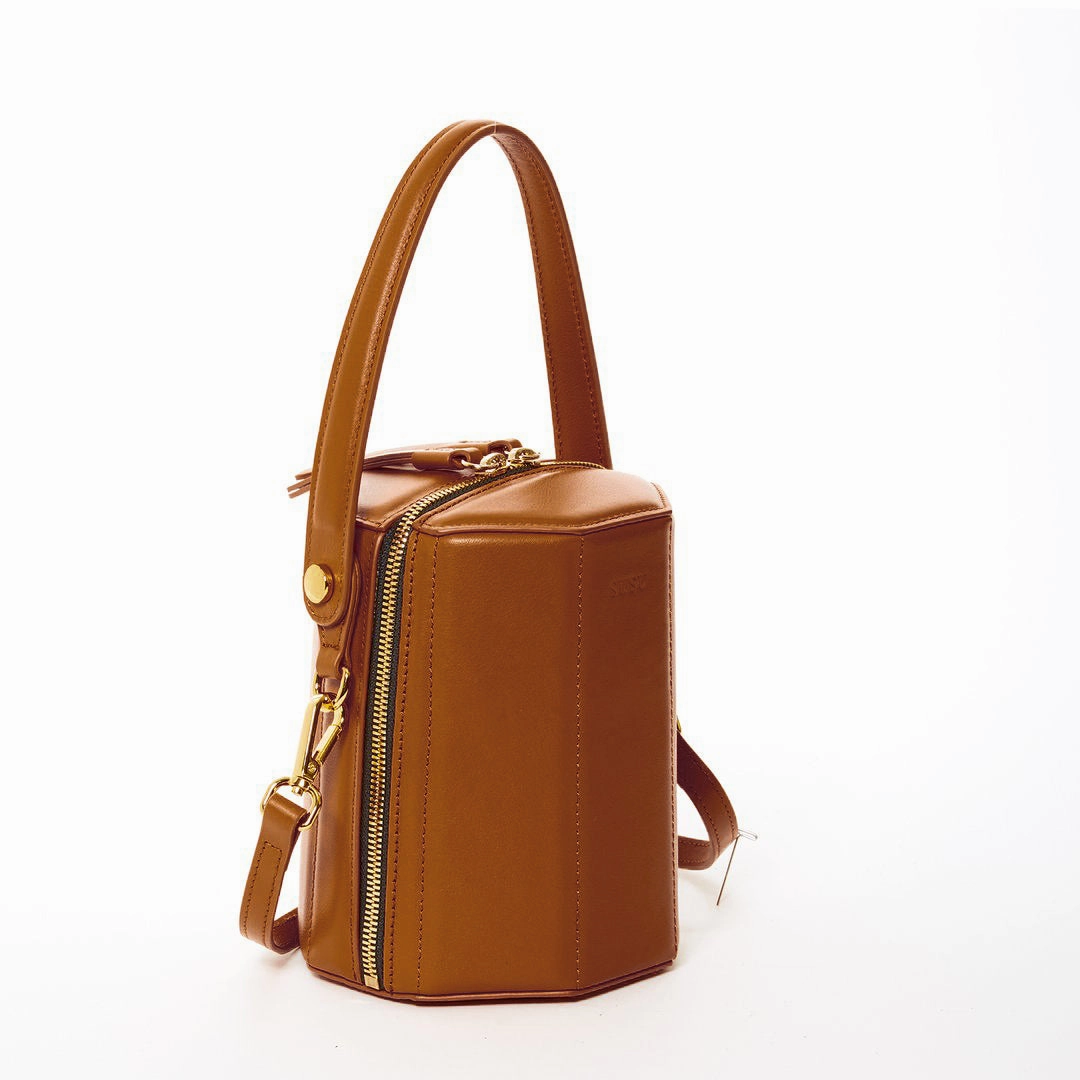 SUSU Harper Amber Brown Leather Bucket Shoulder Bag