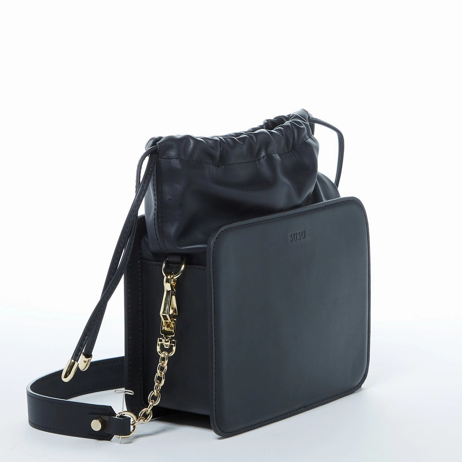 SUSU Patricia Black Leather Drawstring Shoulder Bag