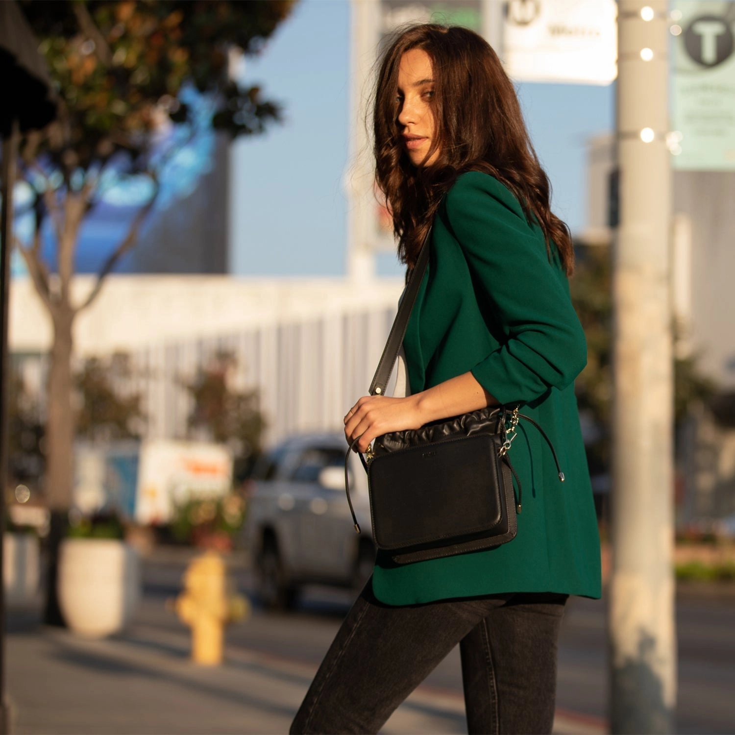 SUSU Patricia Black Leather Drawstring Shoulder Bag