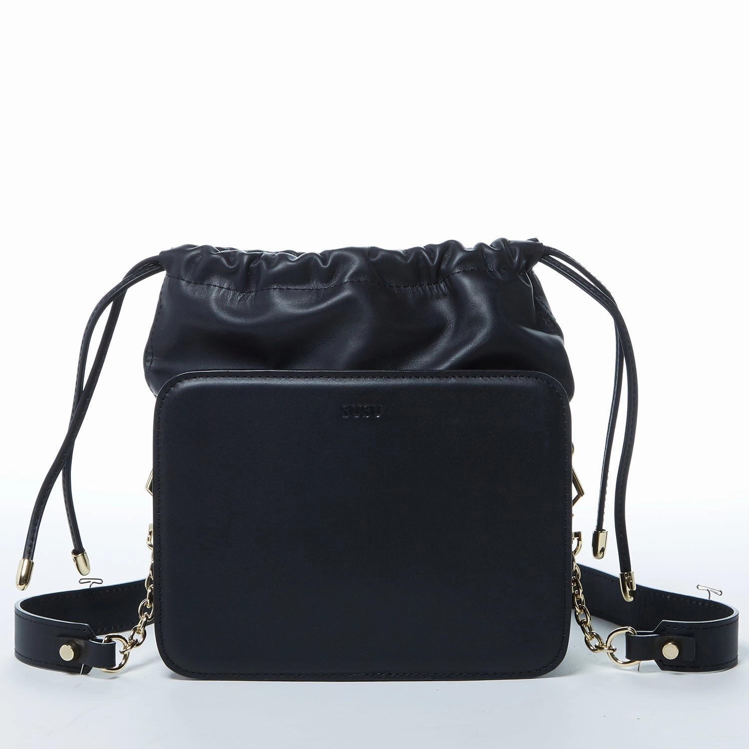 SUSU Patricia Black Leather Drawstring Shoulder Bag