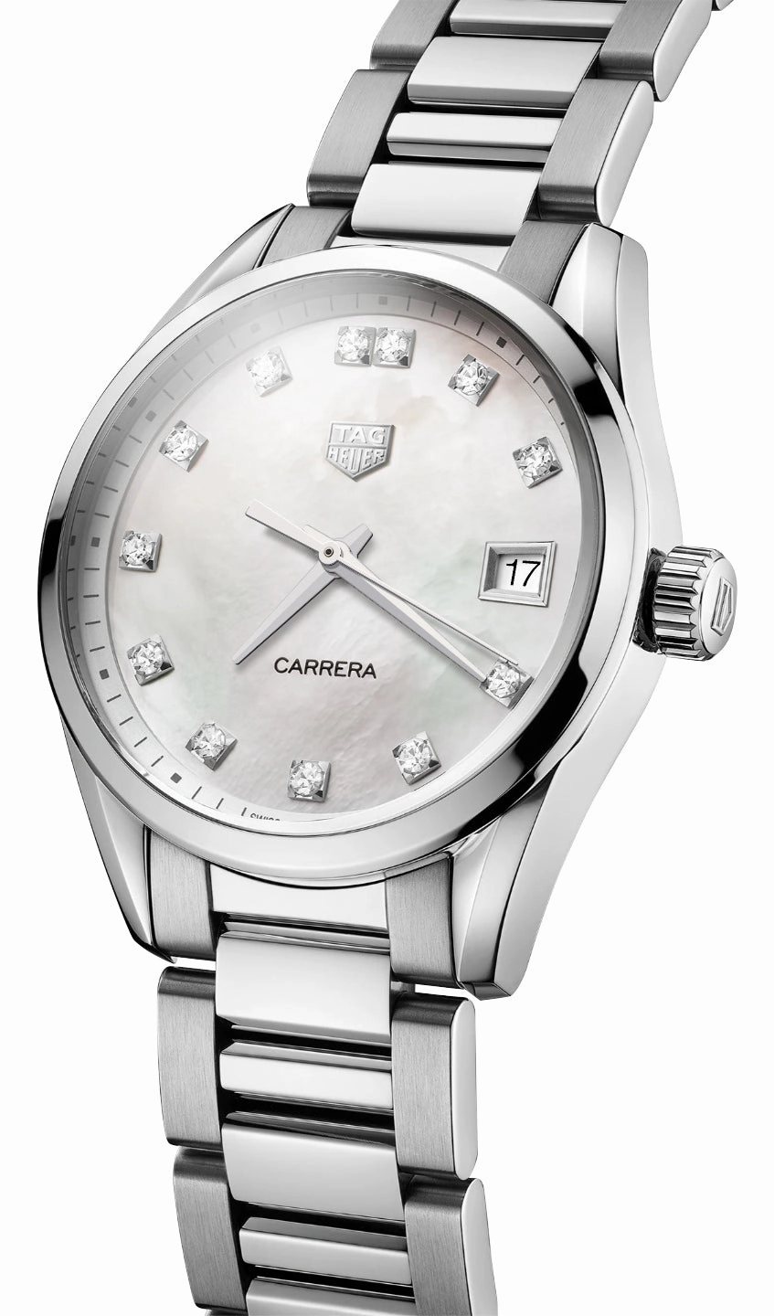 TAG Heuer Carrera Stainless Steel Mother-Of-Pearl Dial Diamonds Date Quartz Womens Watch WBK1318.BA0652