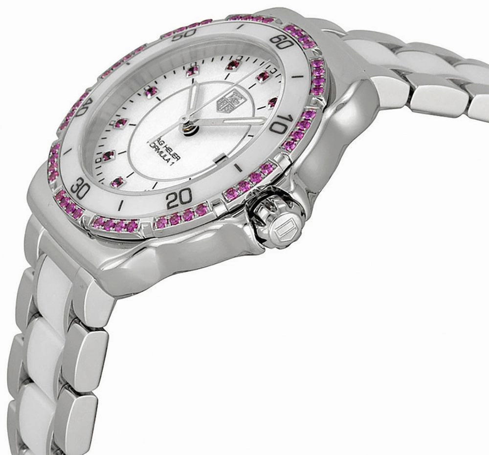 TAG Heuer Formula 1 Steel & Ceramic White Dial Date Pink Sapphire Bezel Quartz Womens Watch WAH1319.BA0868