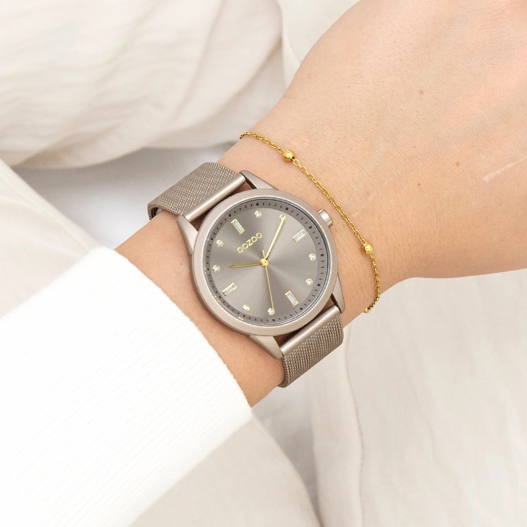 Taupe OOZOO watch with metal mesh bracelet - C11358