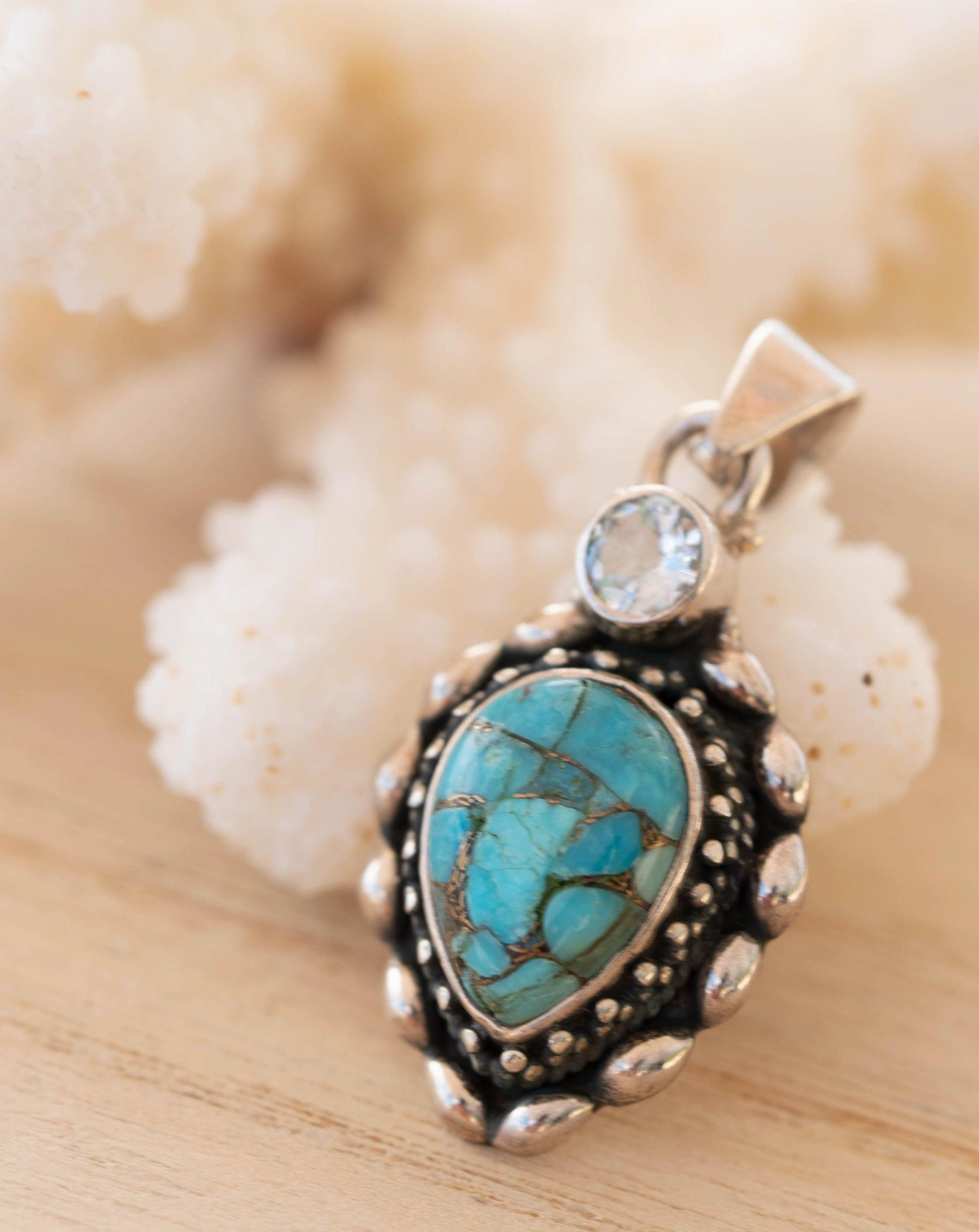 Turquoise Pendant & Blue topaz ~ Sterling Silver 925 SMP038