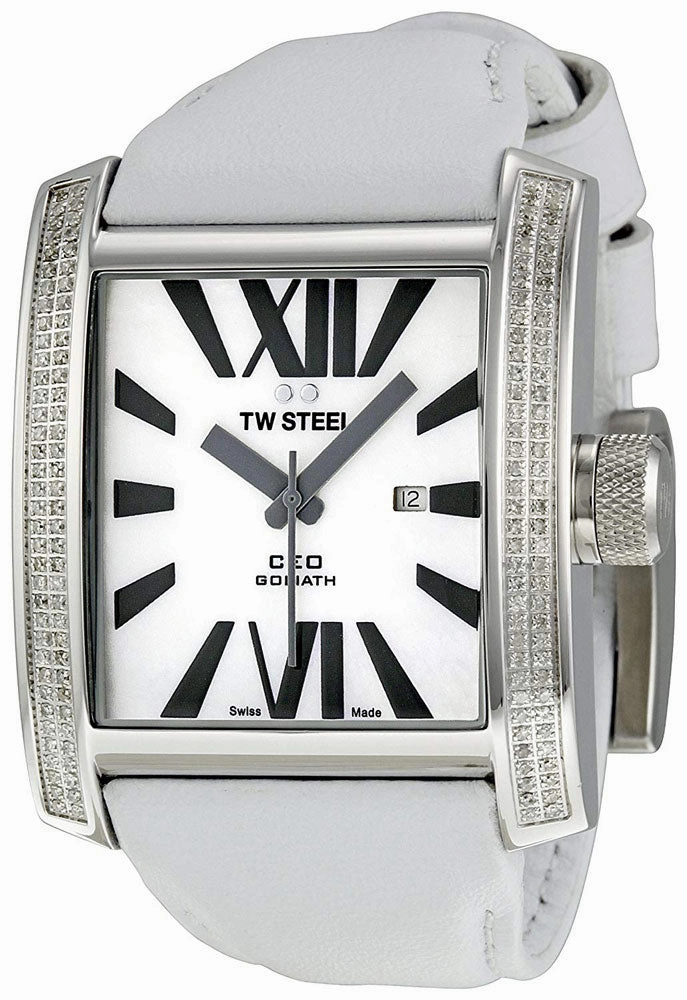 TW Steel CEO Goliath Stainless Steel White Leather Diamonds Mother of Pearl Quartz Unisex Watch CE3015