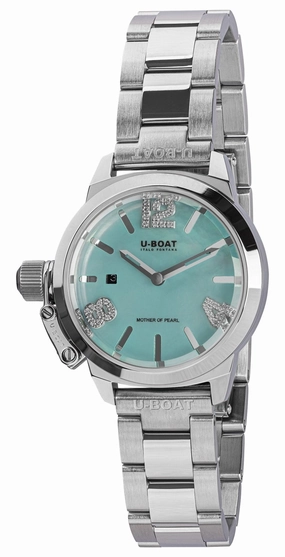 U-Boat Classico Stainless Steel Blue Mother-Of-Pearl Dial Diamonds Date Quartz Womens Watch 8900