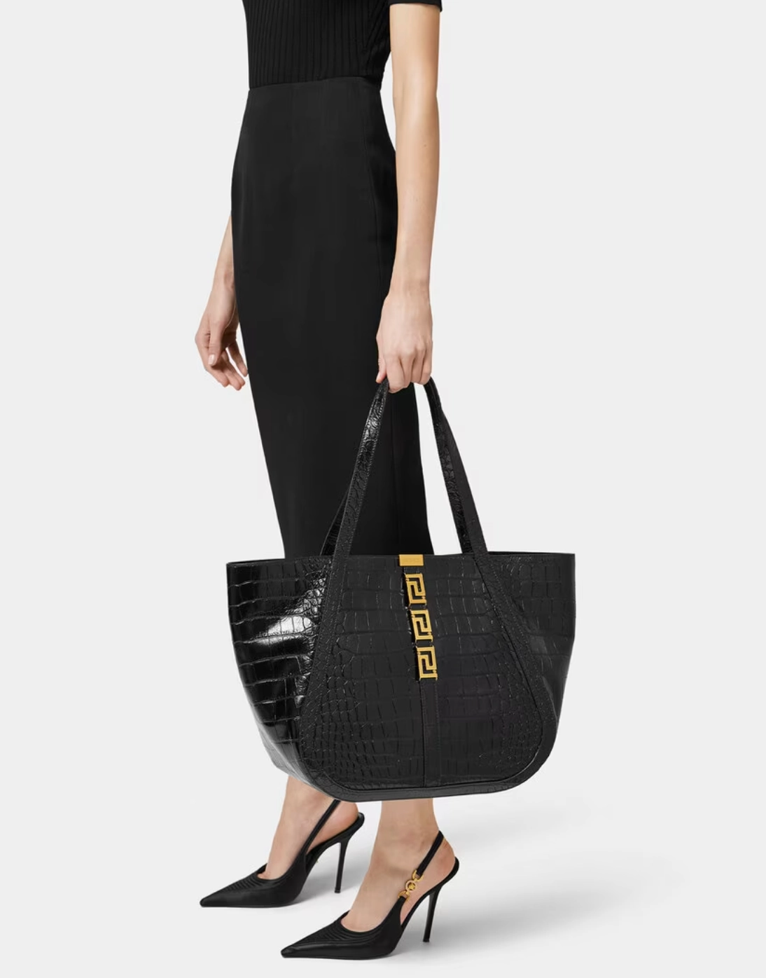 Versace Greca Goddess Croc-Effect Large Leather Tote Bag