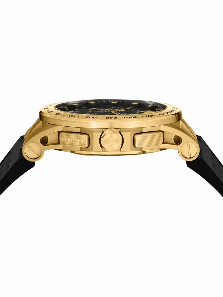 Versace SPORT TECH Mens Chronograph BLACK Dial, YG IP, Black Silicon Strap - Watch VE3E00321